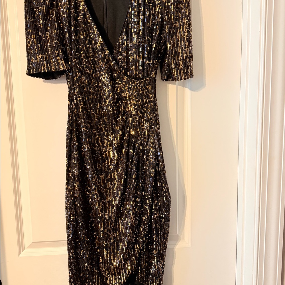 Calvin Klein Black and Gold Sequin Long Sleeve Dress